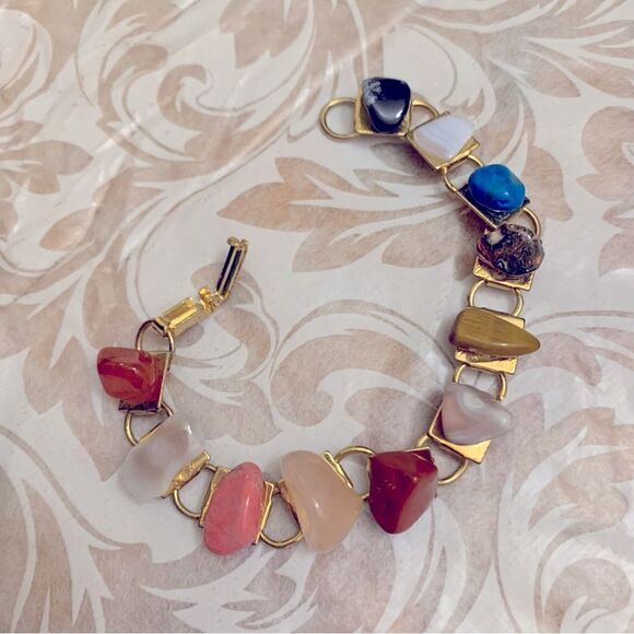Natural Stones Chakra Bracelet on Gold Tone Metal 7” Gorgeous - Picture 1 of 5